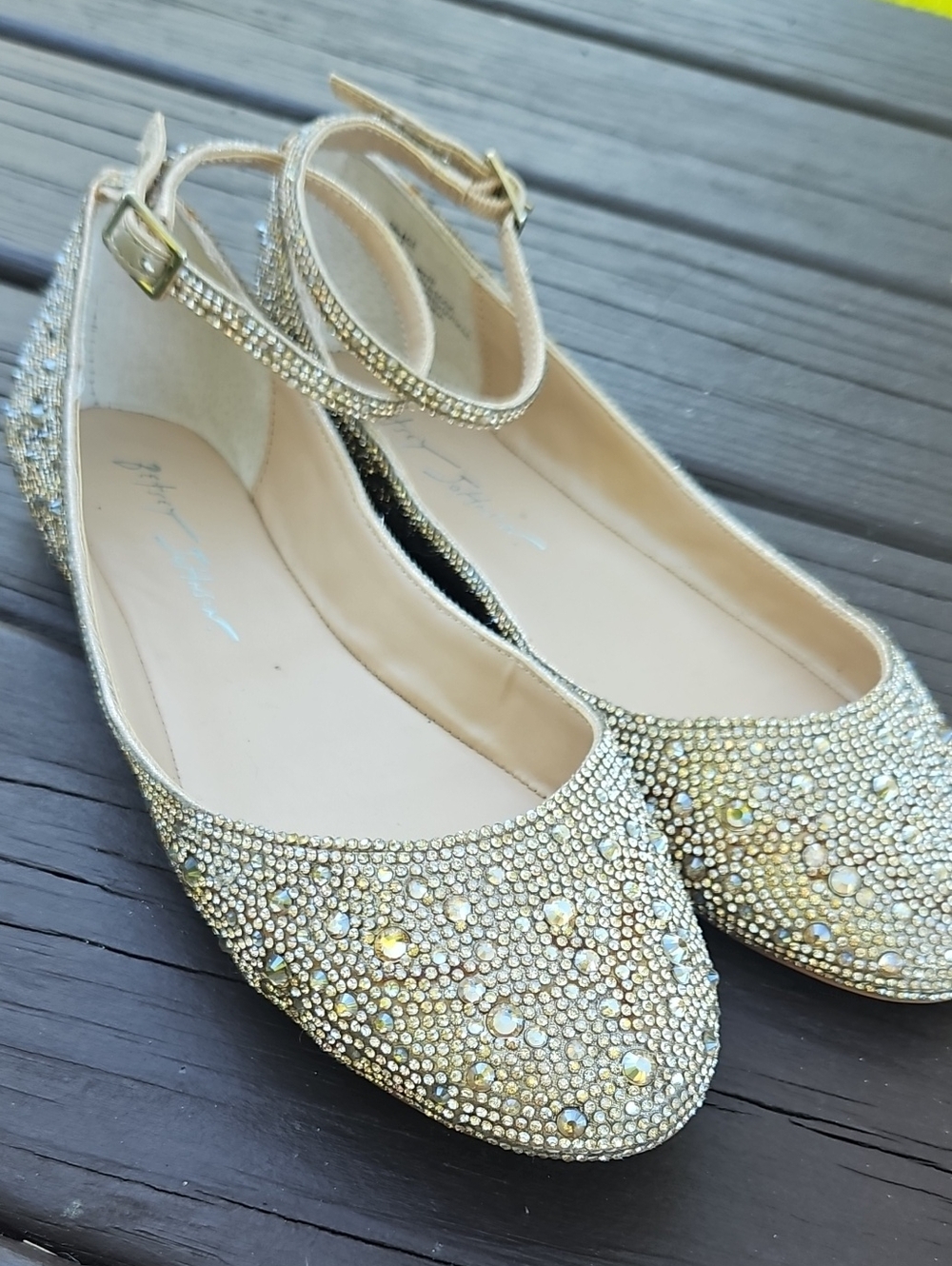 Betsey Johnson Embellished Gold Ankle-Strap Flats, Size 8